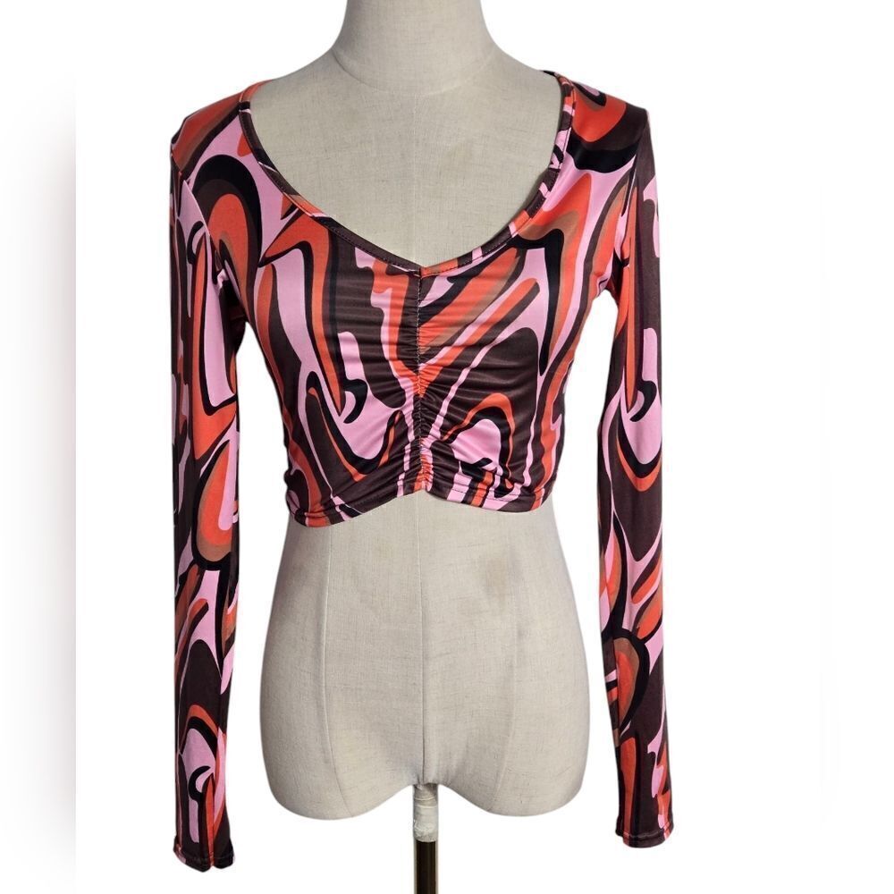 PrettyLittleThing Brown and Orange Cropped Ruched Disco Crop Top